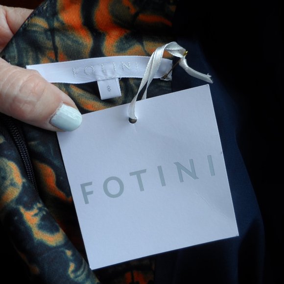 New Fotini Navy Blue Lace Dress w/Orange-Blue Abstract Print Inserts Size 8 - Picture 15 of 16